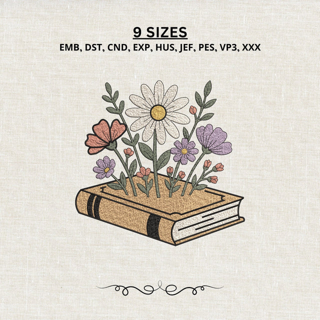 Wildflowers Growing from Book Embroidery Design – Floral Book Machine Embroidery File, Reading Flowers Botanical Design Embroidery/Applique DESIGNS PatternFeed8 