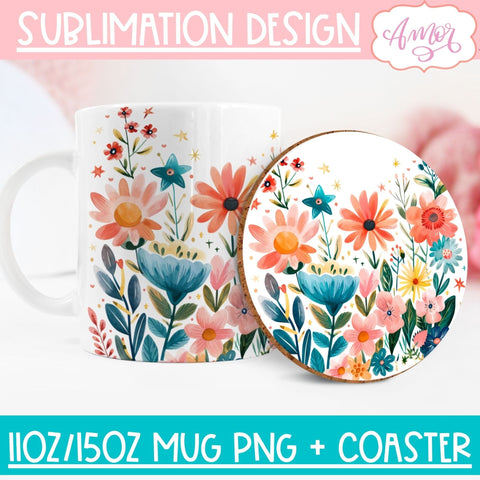 Wildflowers mug wrap and coaster PNG for Sublimation BUNDLE Sublimation Amorclipart 