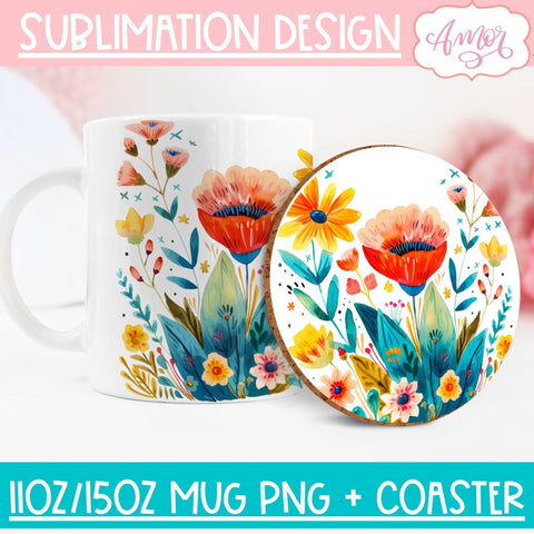 Wildflowers mug wrap and coaster PNG for Sublimation BUNDLE Sublimation Amorclipart 