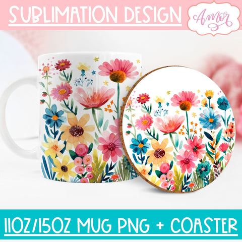 Wildflowers mug wrap and coaster PNG for Sublimation BUNDLE Sublimation Amorclipart 