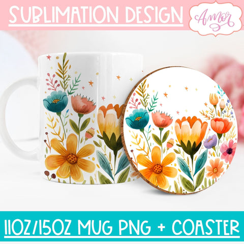 Wildflowers mug wrap and coaster PNG for Sublimation BUNDLE Sublimation Amorclipart 
