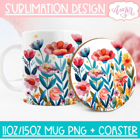 Wildflowers mug wrap and coaster PNG for Sublimation BUNDLE Sublimation Amorclipart 