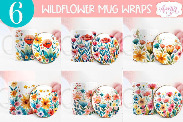 Wildflowers mug wrap and coaster PNG for Sublimation BUNDLE Sublimation Amorclipart 