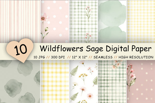 Wildflowers Sage Digital Paper Set, Seamless Floral Pattern Bundle Pack, Printable Scrapbook Paper, Cottagecore Gingham Stripe Design Collection Digital Pattern FloridPrintables 