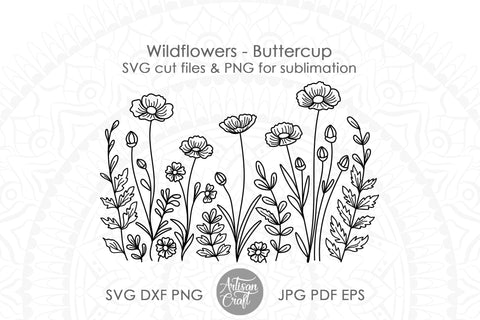 Wildflowers SVG, buttercup flower, Floral Line Drawing SVG Artisan Craft SVG 