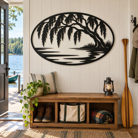 Willow Tree Lake Scene Laser SVG | Willow Tree DXF | Lake House Metal Art | CNC Plasma Cut File | Nature Wall Decor SVG HappyDesignStudio 
