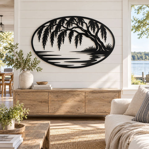 Willow Tree Lake Scene Laser SVG | Willow Tree DXF | Lake House Metal Art | CNC Plasma Cut File | Nature Wall Decor SVG HappyDesignStudio 