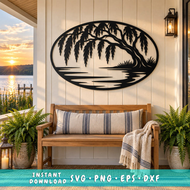 Willow Tree Lake Scene Laser SVG | Willow Tree DXF | Lake House Metal Art | CNC Plasma Cut File | Nature Wall Decor SVG HappyDesignStudio 