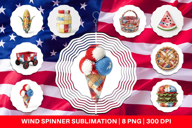 Wind Spinner 4th July Picnic Patchwork Watercolor Sublimation artnoy 