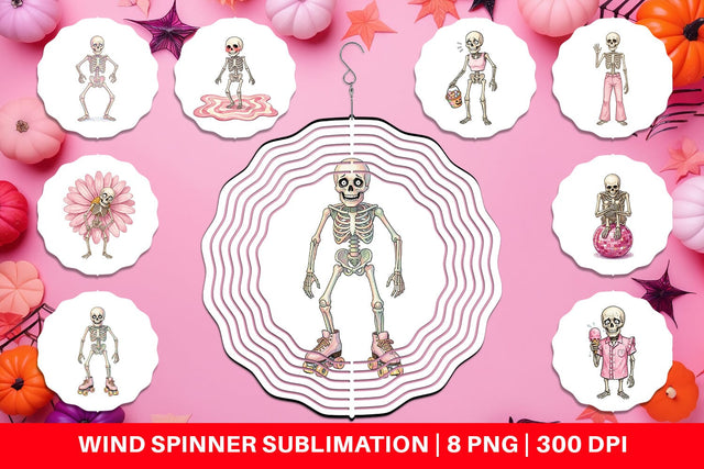 Wind Spinner Awkward Pink Skeleton Retro Watercolor Sublimation artnoy 