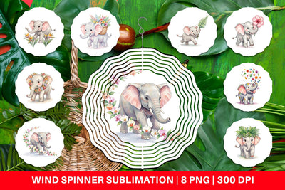 Wind Spinner Baby Elephant Floral Parade Watercolor Sublimation artnoy 