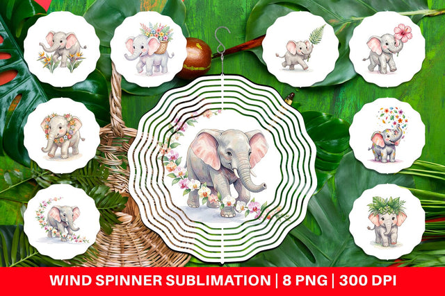 Wind Spinner Baby Elephant Floral Parade Watercolor Sublimation artnoy 