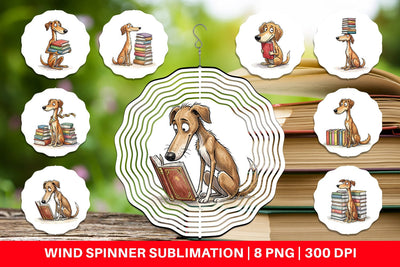 Wind Spinner Bibliophile Dog Book Stack Watercolor Sublimation artnoy 