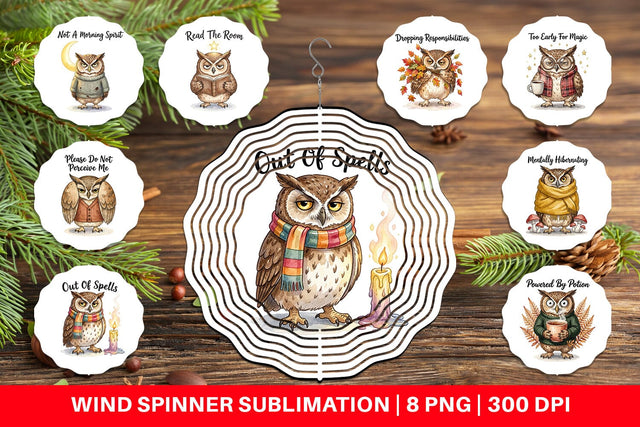 Wind Spinner Burnt Out Owl Whimsigoth Watercolor Sublimation artnoy 