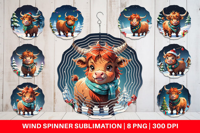 Wind Spinner Cartoon Christmas Highland Cow Sublimation artnoy 