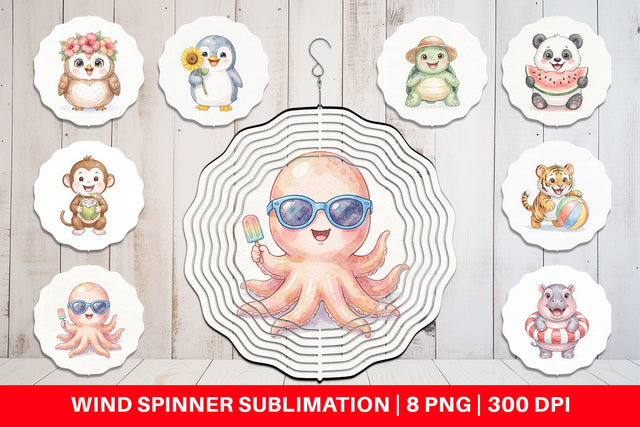Wind Spinner Cheerful Summer Animals Watercolor Sublimation artnoy 