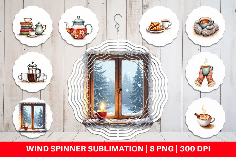 Wind Spinner Cozy Winter Cafe Watercolor Sublimation artnoy 