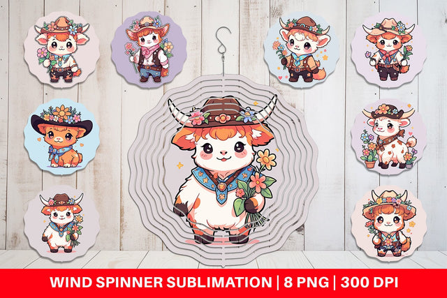 Wind Spinner Cute Highland Cow Cowboy Sublimation artnoy 