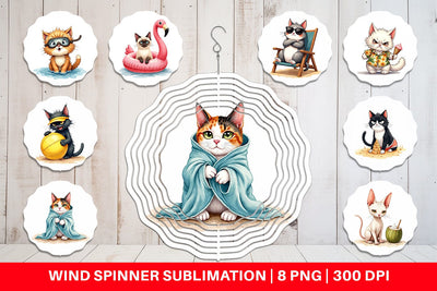 Wind Spinner Cynical Summer Cats Watercolor Sublimation artnoy 