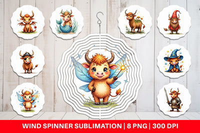 Wind Spinner Enchanted Highland Cows UglyCute Fantasy Watercolor Sublimation artnoy 
