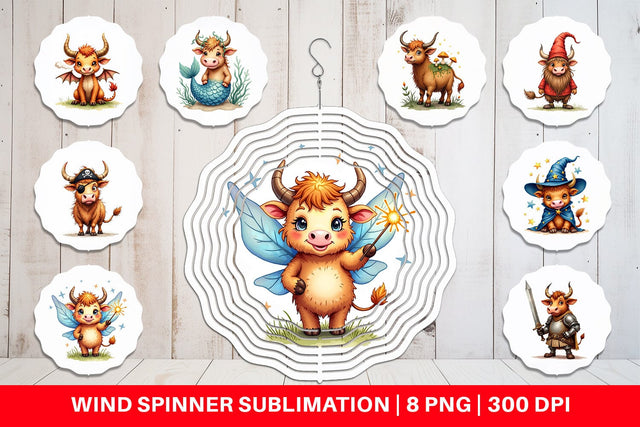 Wind Spinner Enchanted Highland Cows UglyCute Fantasy Watercolor Sublimation artnoy 