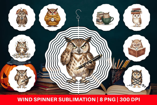 Wind Spinner Exhausted Owl Dark Academia Watercolor Sublimation artnoy 