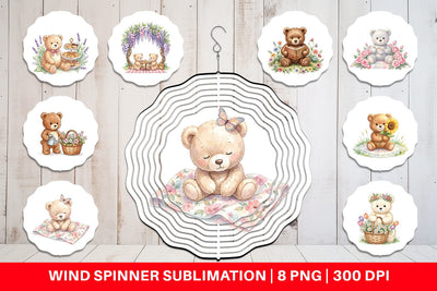 Wind Spinner Floral Garden Teddy Bear Watercolor Sublimation artnoy 