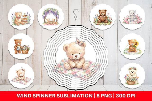 Wind Spinner Floral Garden Teddy Bear Watercolor Sublimation artnoy 