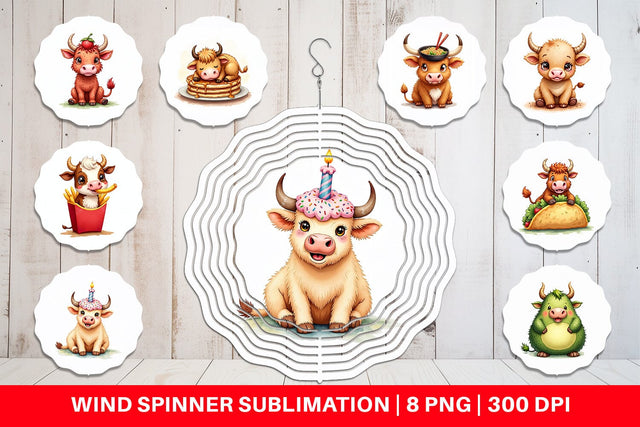 Wind Spinner Foodie Highland Cow UglyCute Watercolor Treats Sublimation artnoy 