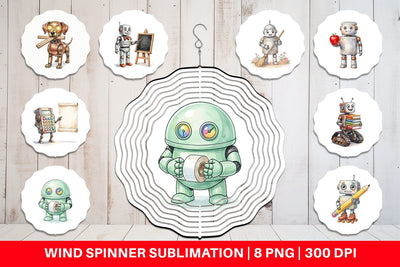 Wind Spinner Friendly Retro School Robot Watercolor Sublimation artnoy 