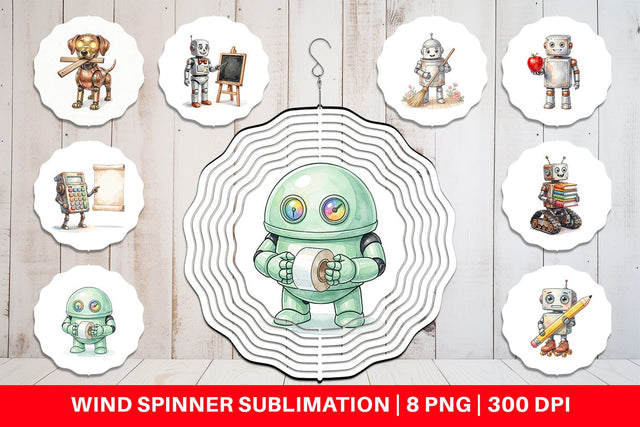 Wind Spinner Friendly Retro School Robot Watercolor Sublimation artnoy 