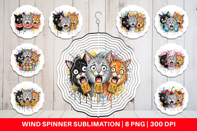 Wind Spinner Funny Treat Panic Cats Watercolor Sublimation artnoy 