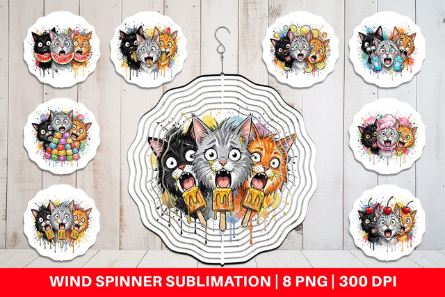 Wind Spinner Funny Treat Panic Cats Watercolor Sublimation artnoy 