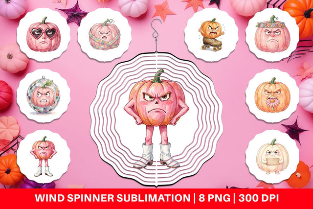 Wind Spinner Grumpy Pink Pumpkin Retro Watercolor Sublimation artnoy 