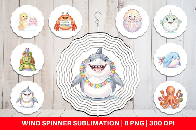 Wind Spinner Happy Round Ocean Birthday Watercolor Sublimation artnoy 