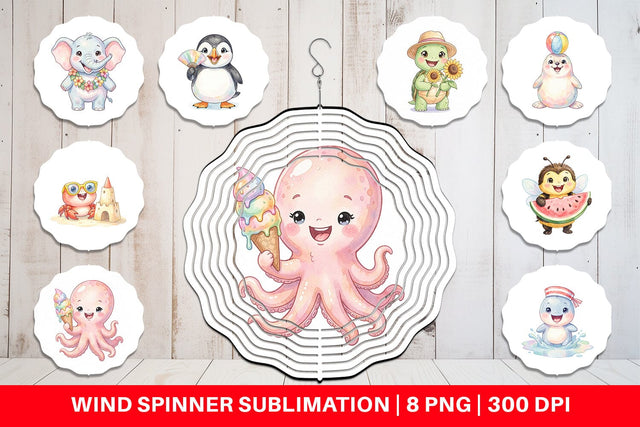 Wind Spinner Happy Summer Animals Watercolor Sublimation artnoy 
