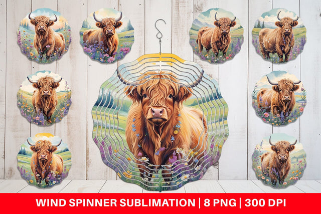 Wind Spinner Highland Cow and Flower Sublimation artnoy 