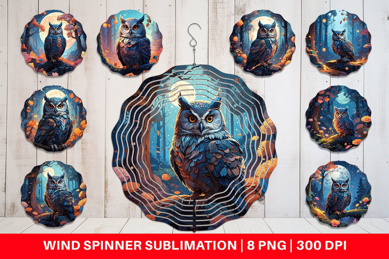 Wind Spinner Moonlit Woodland Owl Sublimation artnoy 