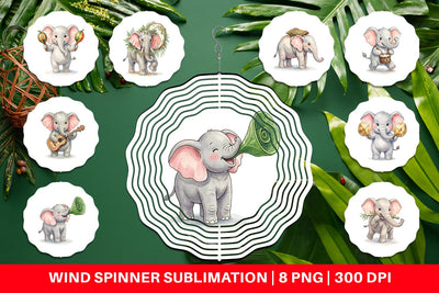 Wind Spinner Musical Jungle Elephant Watercolor Sublimation artnoy 