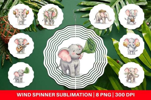 Wind Spinner Musical Jungle Elephant Watercolor Sublimation artnoy 
