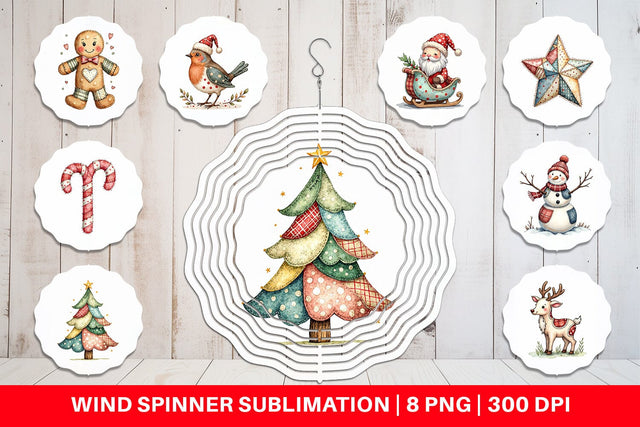 Wind Spinner Patchwork Watercolor Christmas Sublimation artnoy 