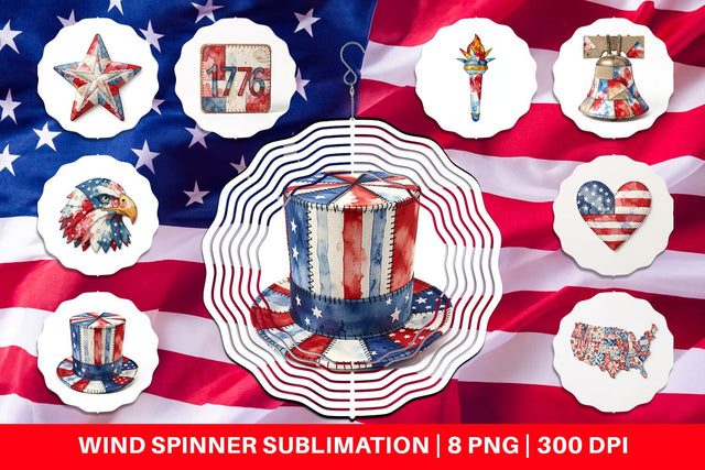 Wind Spinner Patriotic Symbol Patchwork Watercolor Sublimation artnoy 