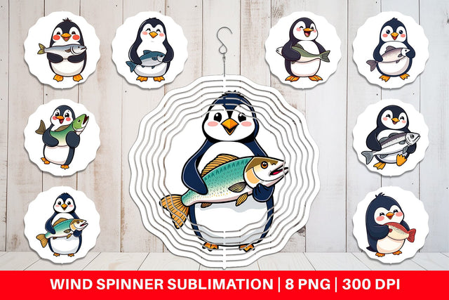 Wind Spinner Penguin Holding a Fish Sublimation artnoy 