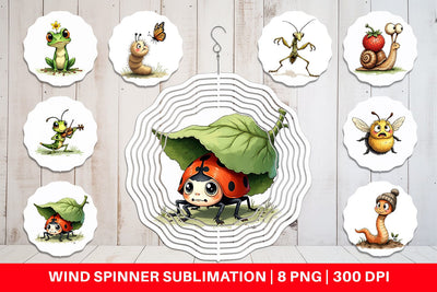 Wind Spinner Quirky Garden Critters Inked Watercolor Illustrations Sublimation artnoy 