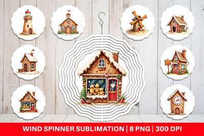 Wind Spinner Quirky Gingerbread Village Watercolor Sublimation artnoy 