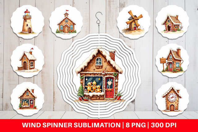 Wind Spinner Quirky Gingerbread Village Watercolor Sublimation artnoy 