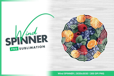 Wind Spinner Round Design with Fruits Berries and Leaves on Wood Grain Background Sublimation Regulrcrative 