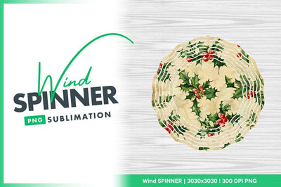 Wind Spinner Round Design with Holly Berries and Leaves on Wood Grain Background Sublimation Regulrcrative 