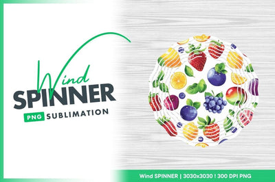 Wind Spinner Round Png Design with Fruits and Berries on White Wood Grain Sublimation Regulrcrative 