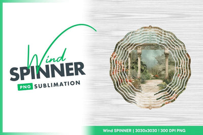 Wind Spinner Round Png Design with Garden Scene and White Wood Background Sublimation Regulrcrative 